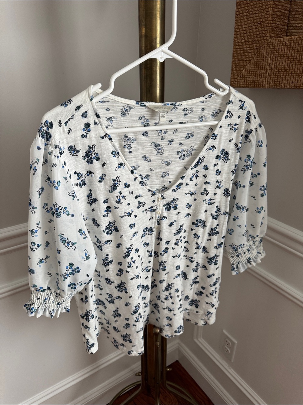 Lucky Brand White Top with Blue Floral Print